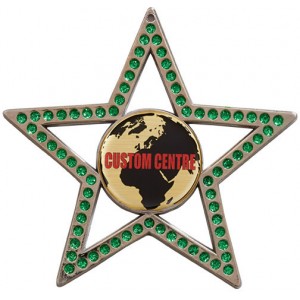 COPPER 75MM - GREEN STAR GEMSTONE CUSTOM VINYL DOMED MEDAL **SPARKLE**
